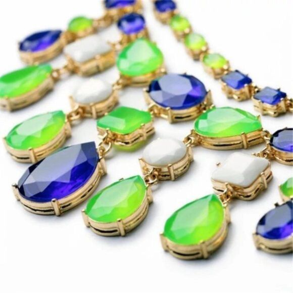 Royal Blue Crystal Rhinestone Statement Gold Collar Necklace - Picture 4 of 12